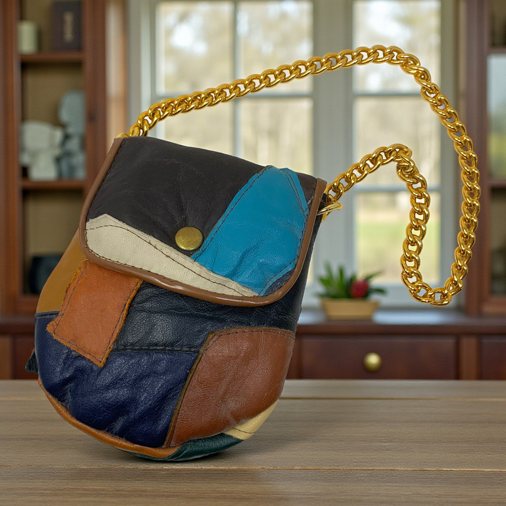 Vintage NEW 1970's Patchwork Leather Mini Baby Bag Chain Strap Made in Spain